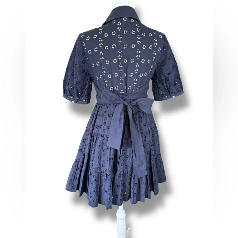 Cinq a Sept NWT‎ Alexie Dress 100% Cotton Navy Eyelet Lace Tie Mini Dress Size 8